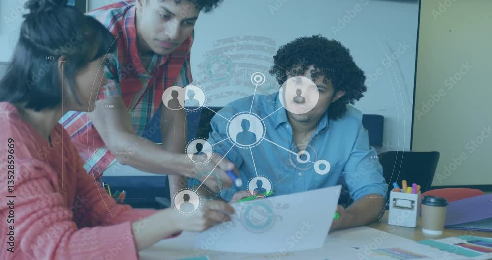 Aufkleber discussing documents, collaborative team with animation of digital network connections