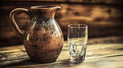 Rustic earthenware pitcher and glass on wooden table