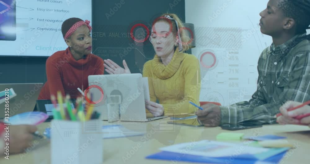 Poster diverse team discussing project with data analysis animation overlay on screen