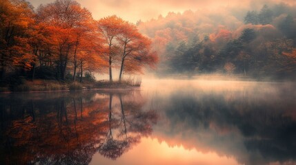Fototapeta premium Autumn Trees Reflected in Misty Lake Scenery with Orange Foliage