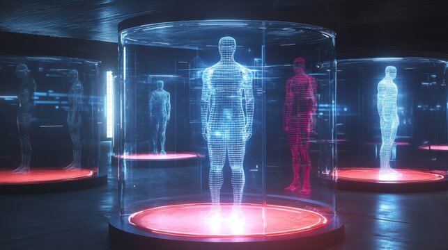 Futuristic Holographic Human Figures in Glass Cylinders Neon SciFi Cyberspace - Powered by Adobe