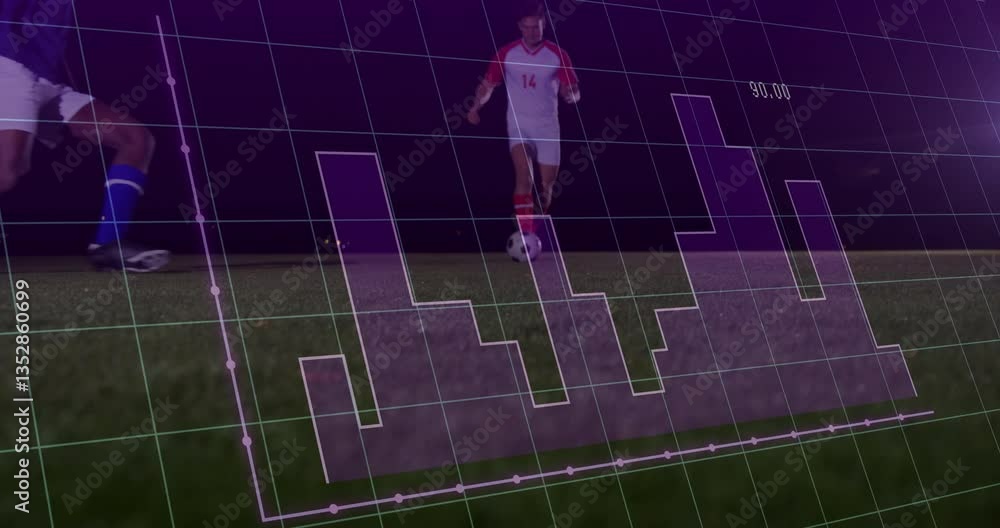 Poster soccer players on field with data graph animation overlaying scene