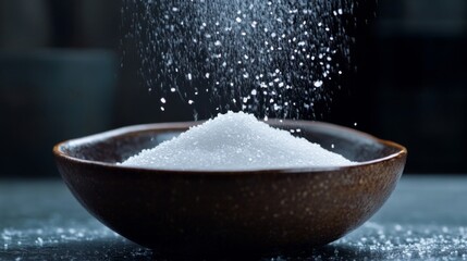 White Sugar Pouring into Brown Bowl on Dark Background