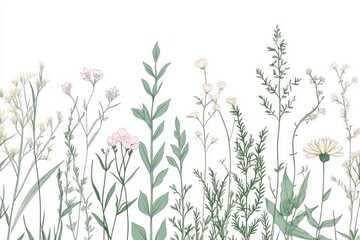 A minimalist illustration of various colorful wildflowers and foliage