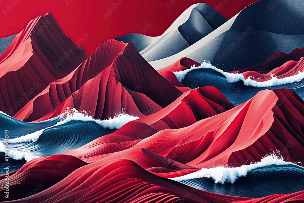 Poster vivid ruby red landscape with dynamic wave abstract background design