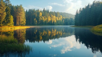 Calm Lake Reflecting Forest at Sunrise with Mist and Clear Sky
