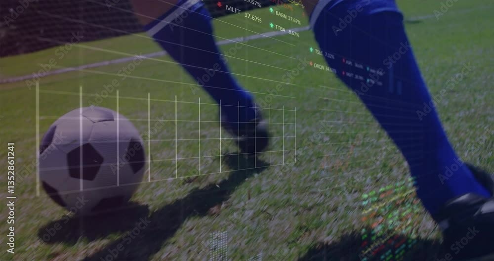 Poster soccer player kicking ball with data analysis animation overlay on field