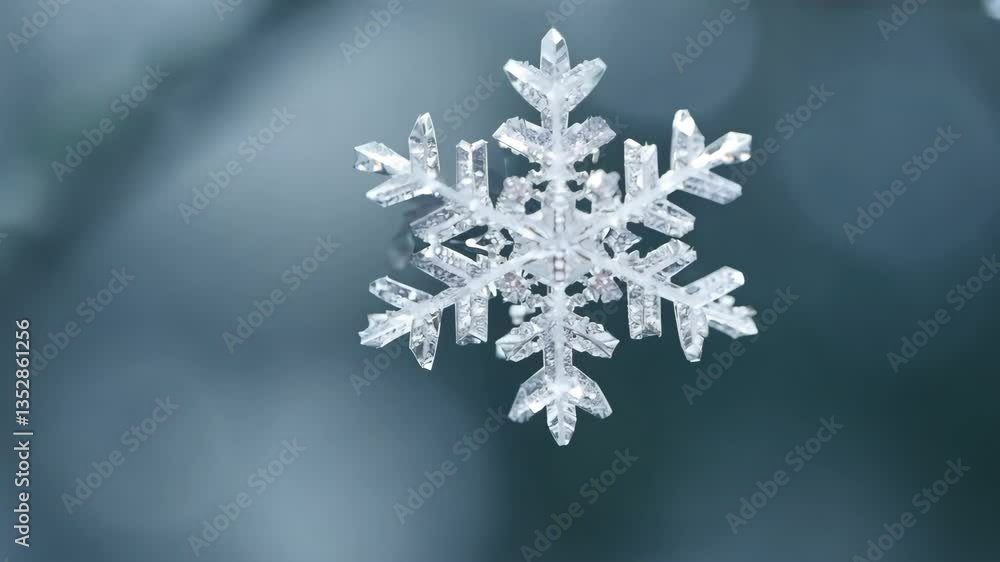 Poster a close-up view of a delicate snowflake with intricate patterns, suspended in mid-air against a blur