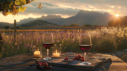 Wine glasses are on a table in front of a beautiful landscape