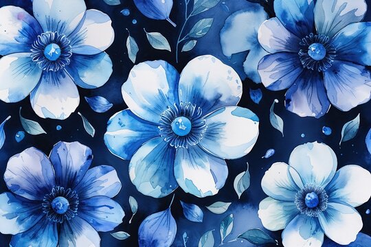 Blue Themed Watercolor Vector Background Featuring Passionate Petals