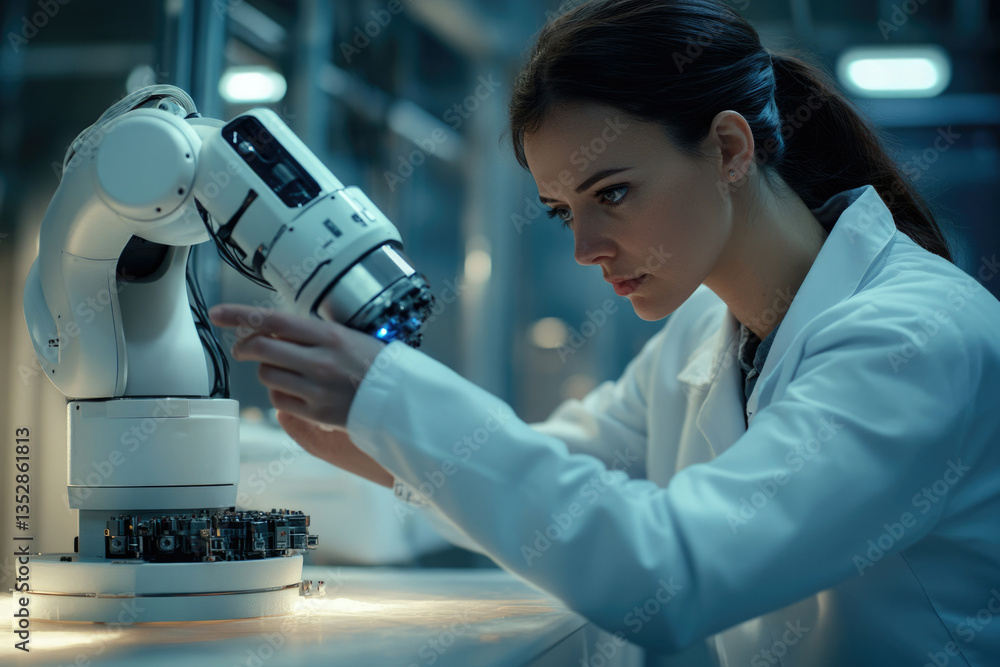 Poster A female scientist meticulously interacts with a robotic arm in a high-tech laboratory setting.