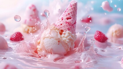 Pink Ice Cream Cone Splashing in Milk with Raspberries