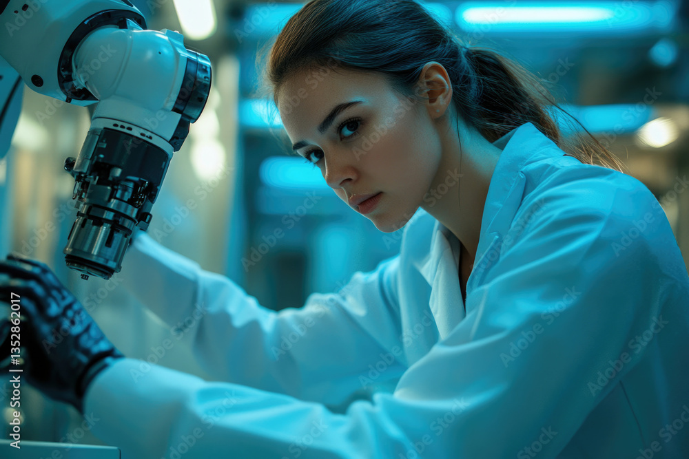 Poster a female scientist intently operates a robotic arm in a futuristic laboratory setting.