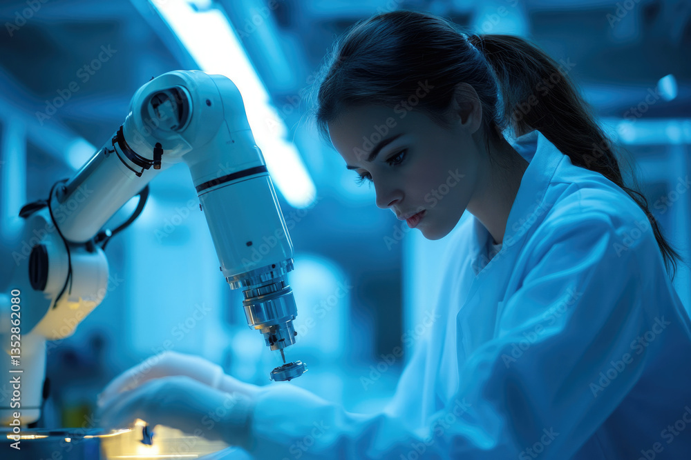 Poster a female scientist meticulously operates a robotic arm in a high-tech laboratory setting.
