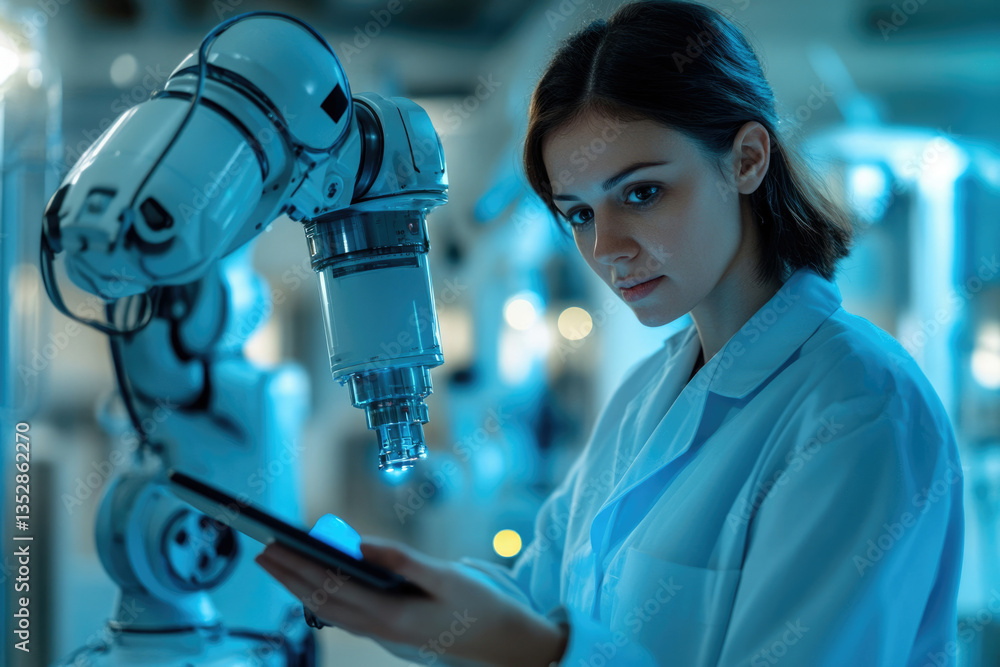 Poster female engineer using tablet to monitor robotic arm in a futuristic factory.