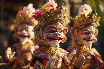 Fototapeta premium Three intricately carved Balinese Wayang Kulit puppets, adorned with vibrant colors and elaborate headdresses, bathed in golden sunlight.