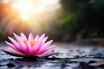 Peaceful pink lotus flower on water at sunrise in tranquil natural setting