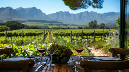 Wine glasses are on a table in front of a beautiful landscape