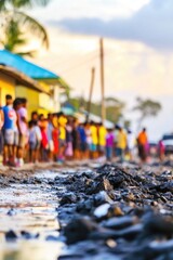 Colorful community gathering along rustic road at sunset