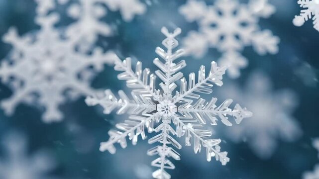 Close-up of intricate snowflakes against a blurred blue background.