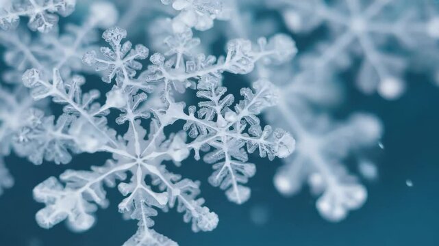 Close-up of delicate snowflakes on a blue background, showcasing intricate patterns and textures of ice crystals.