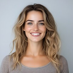 Smiling woman, blonde hair, studio portrait, neutral background, website profile
