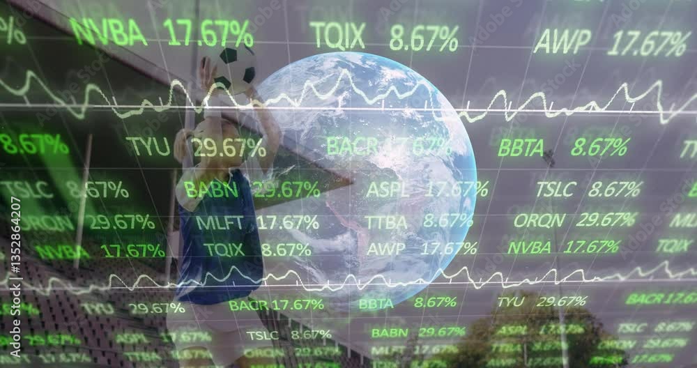 Poster Rotating Earth animation with stock market data and graphs overlaying visual display