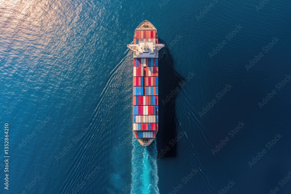 Poster aerial view of a large container ship sailing on a deep blue ocean.