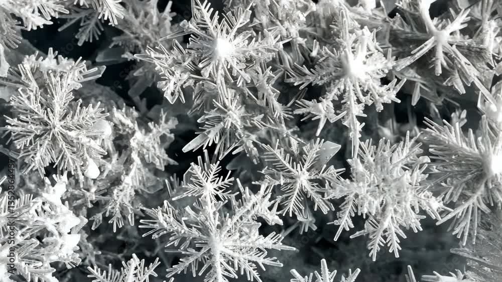Poster close-up view of intricate snowflakes on a dark background, showcasing their unique crystalline stru