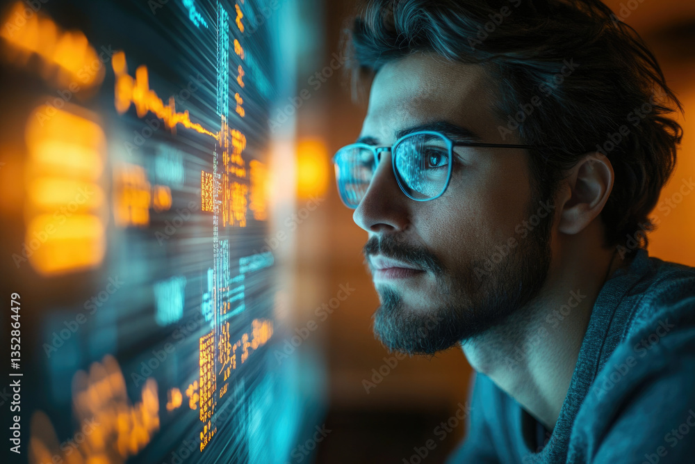Aufkleber a focused young man intently studies lines of code on a glowing screen, immersed in the digital worl