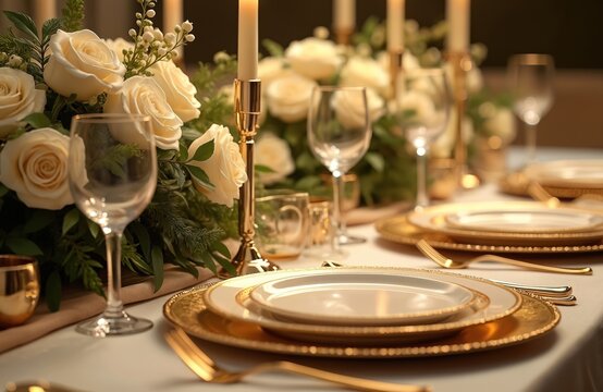 Elegant gold-themed dinner setting with candle lights, roses, crystal glassware. Gold-plated cutlery, luxury porcelain plates, stylish decor. Fine dining experience, perfect for special occasion,