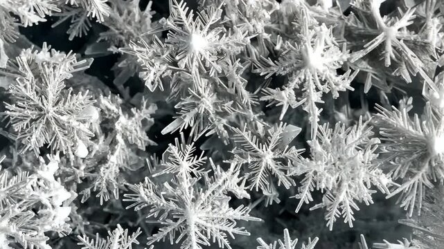 Close-up view of intricate snowflakes on a dark background, showcasing their unique crystalline structures and delicate patterns.