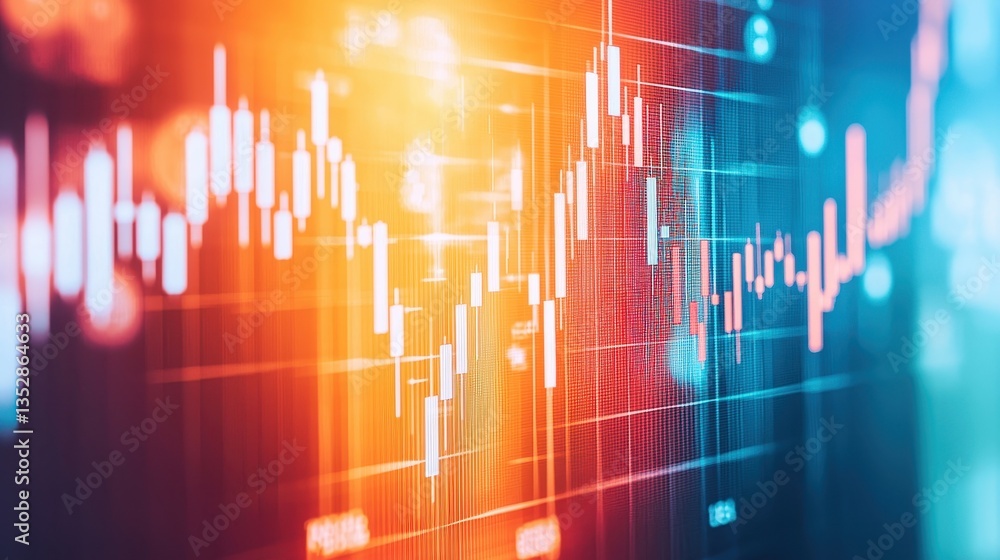 Poster a colorful digital graph displaying fluctuating data trends, symbolizing finance and market analysis