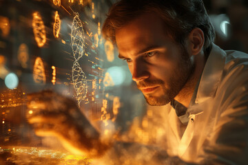 A scientist intently studies a DNA sequence displayed on a futuristic interface, illuminated by warm light.