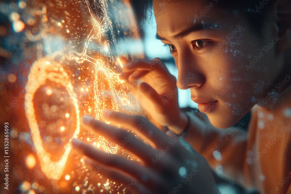 Poster A person interacts with a holographic map, exploring glowing data streams and connections.