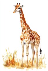 Fototapeta premium A Tall Beautiful Giraffe Standing Amongst Some Golden Grass