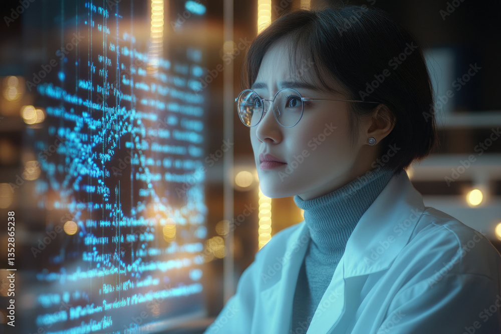 Poster a female scientist intensely analyzes complex data displayed on a large screen, deeply engrossed in 