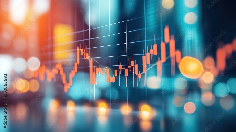 Poster a vibrant financial graph with fluctuating lines and glowing dots, symbolizing market trends and dat