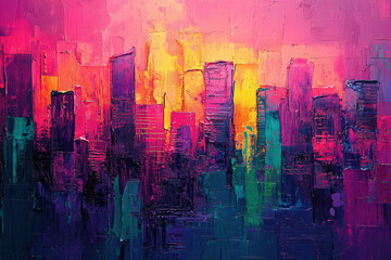 Vibrant abstract cityscape painting with bold strokes and a sunset palette, evoking energy and urban life.