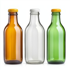 Amber Clear and Green Glass Bottles with Color Caps on White Background