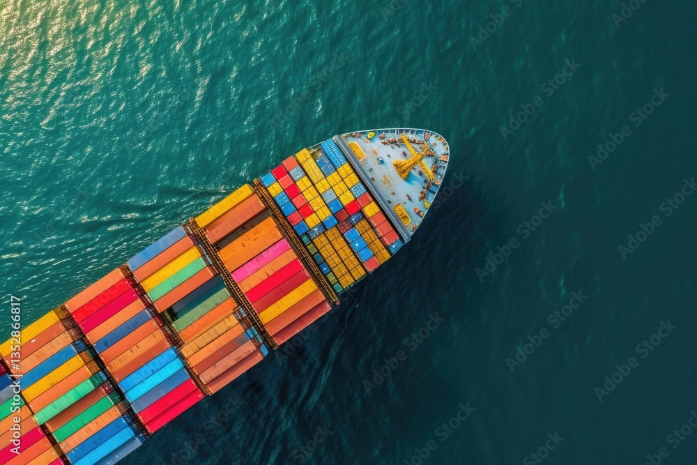 Poster aerial view of a large container ship carrying colorful cargo containers across the ocean.
