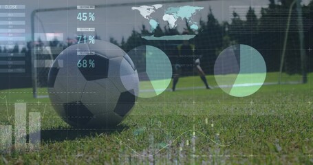 Soccer ball on field with data analytics and world map animation overlay - Powered by Adobe