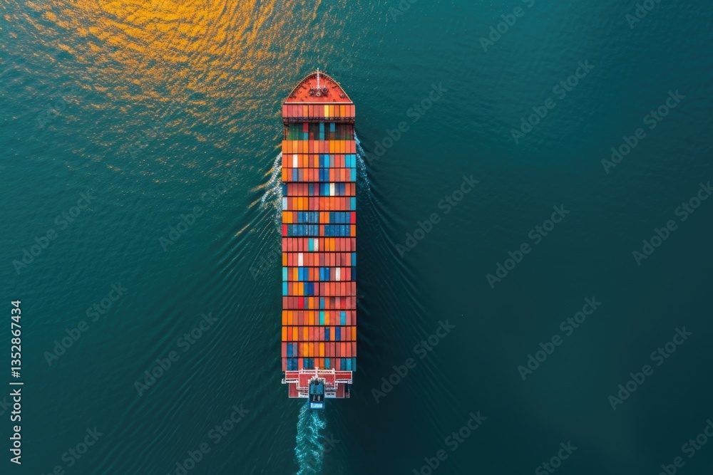 Poster aerial view of a large container ship sailing on a calm ocean.