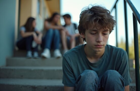 Teenage student feels left out. Boy sits alone on stairs, students socialize in background. Social issue, school bullying, exclusion, loneliness, emotional problem of youth, teen stress, mental
