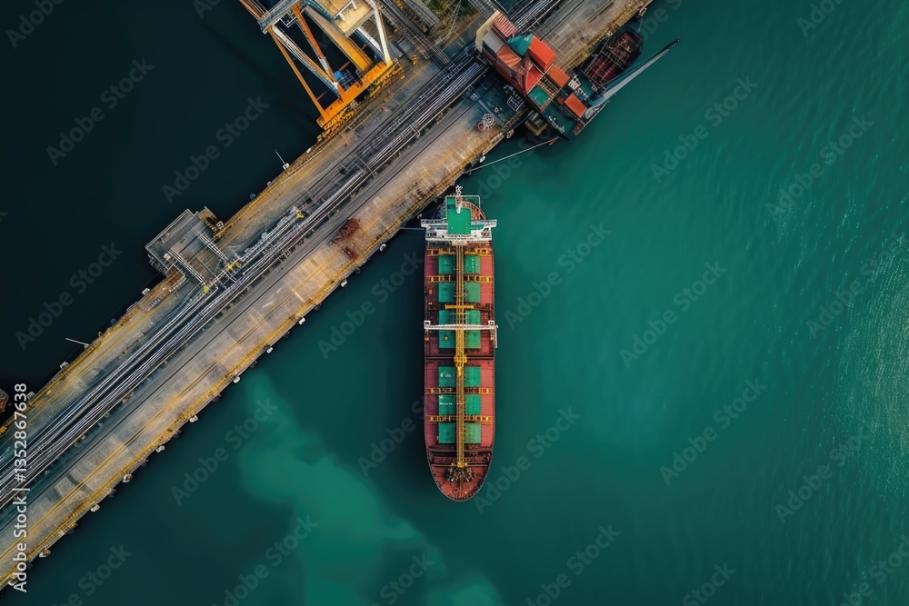 Poster aerial view of a large cargo ship docked at an industrial port, ready for loading or unloading.