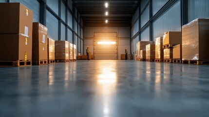 Obraz premium An expansive view of a large warehouse, filled with stacked cardboard boxes and pallets, showcasing an organized storage area vital for efficient logistical operations.