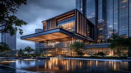 Fototapeta premium Modern home with curved architecture and illuminated facade high resolution picture