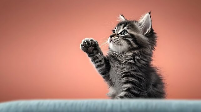 Kitten reaching up with paw against a soft coral-toned background, fluffy and adorable