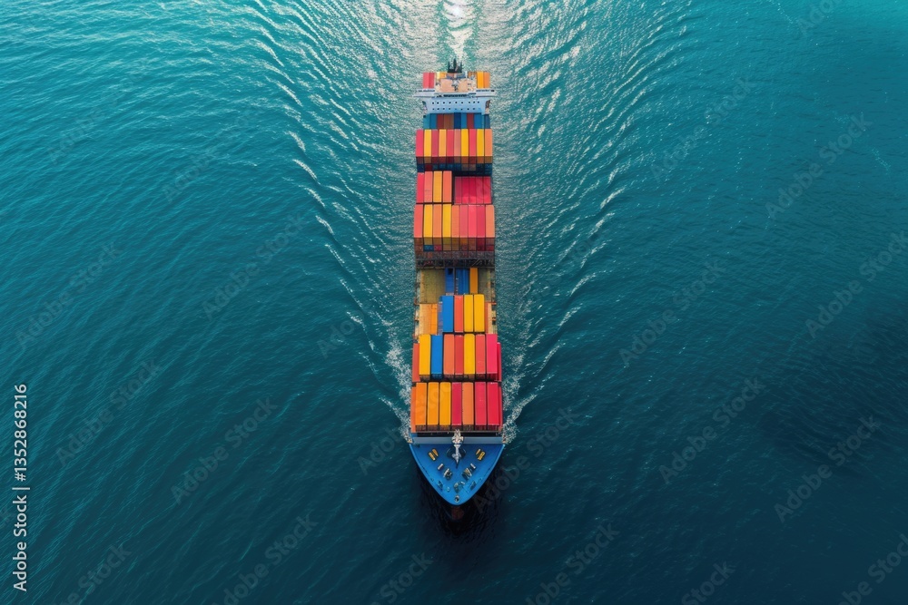 Poster aerial view of a large container ship sailing on a deep blue ocean.