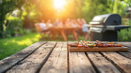 Wooden Table with BBQ Gathering in Background